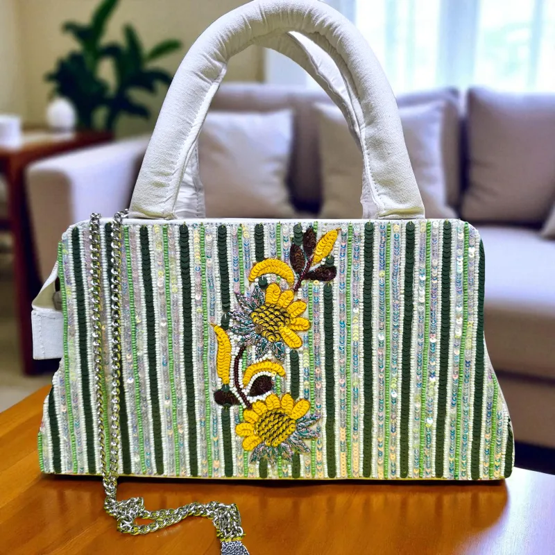 Sunflower Elegance Beaded Handbag - Artisan Chic Tote - Sunflower beaded handbag
