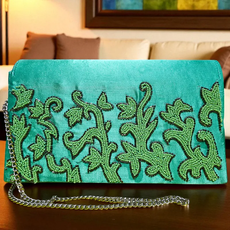 Emerald Botanical Beaded Clutch - Artisan Luxury Evening Bag - Beaded botanical clutch