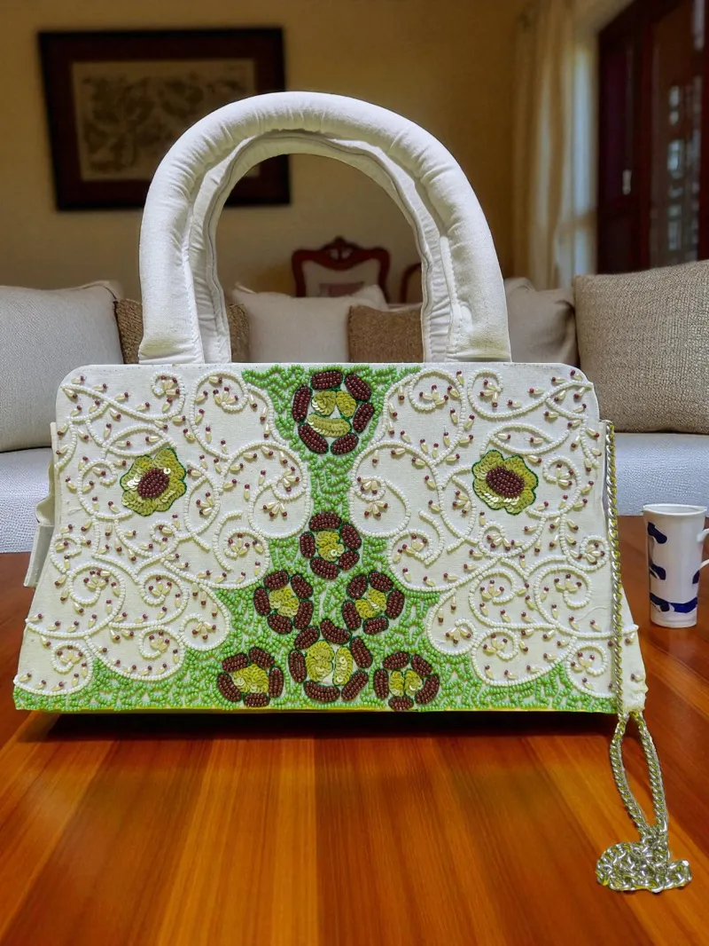 Bohemian Luxe Beaded White Handbag - Artisan Floral Embroidery - Artisan beaded handbag