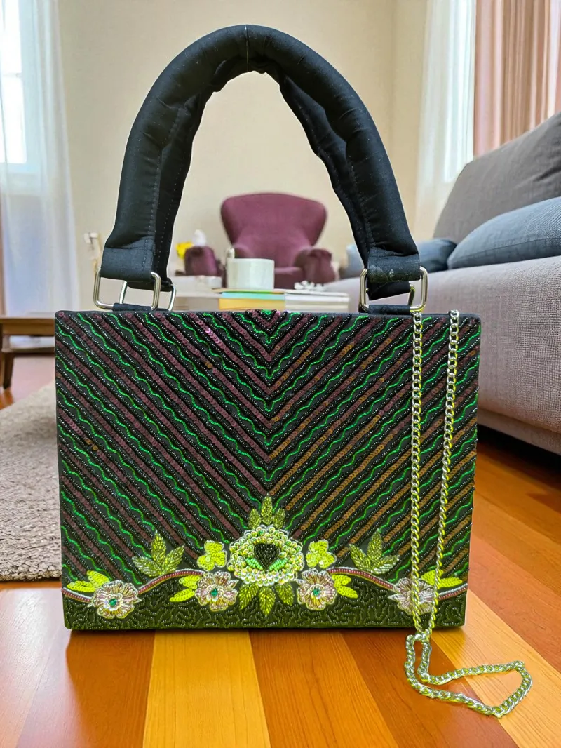 Emerald Artisan Floral Handbag - Luxe Embroidered Evening Clutch - Emerald embroidered handbag
