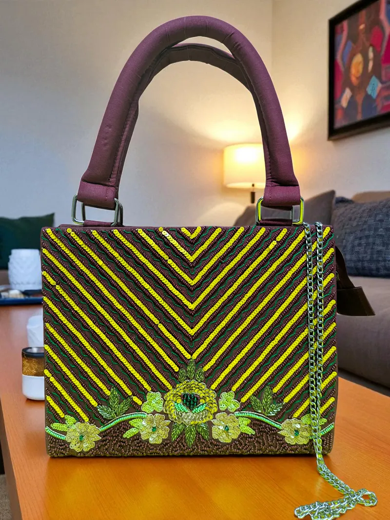 Bohemian Zigzag Embellished Handbag - Artisan Floral Statement Purse - Bohemian handbag