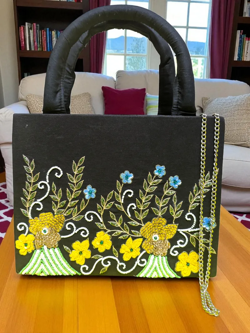 Elegant Floral Embroidered Black Handbag - Embroidered handbag