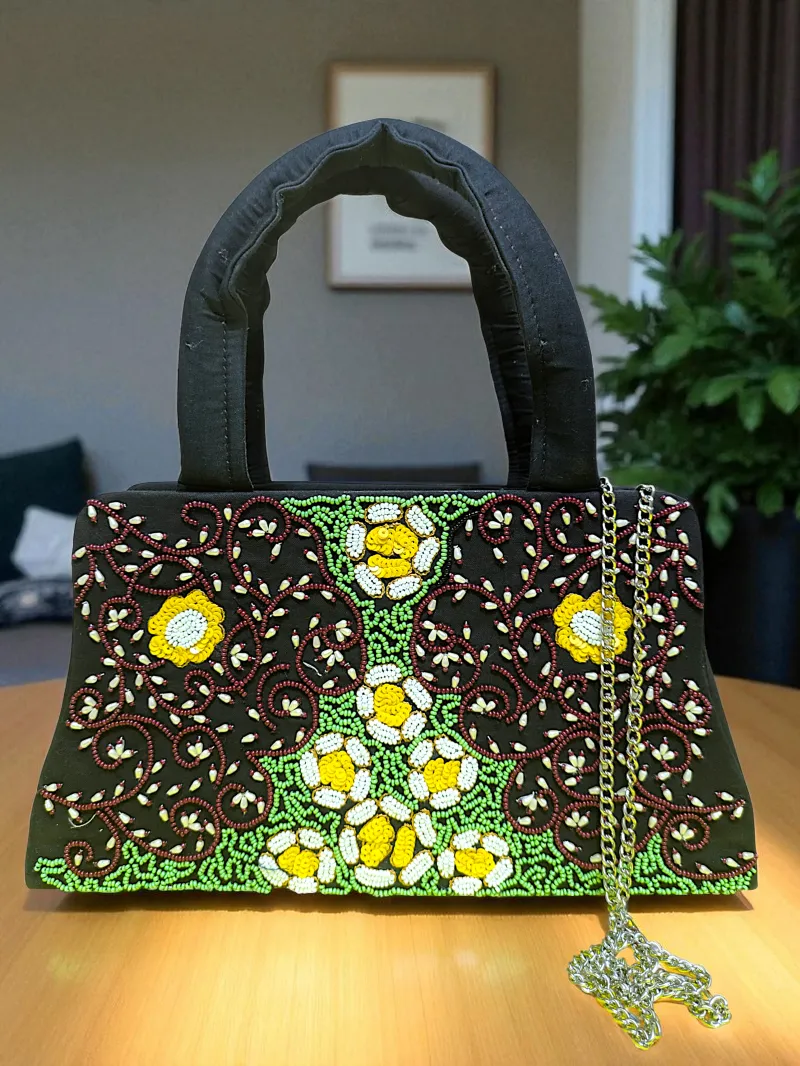 Handcrafted Floral Beaded Evening Clutch - Golden Daisy Elegance - Beaded floral clutch