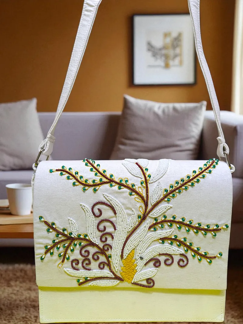 Artisan Tree of Life White Beaded Crossbody Handbag - Beaded crossbody bag