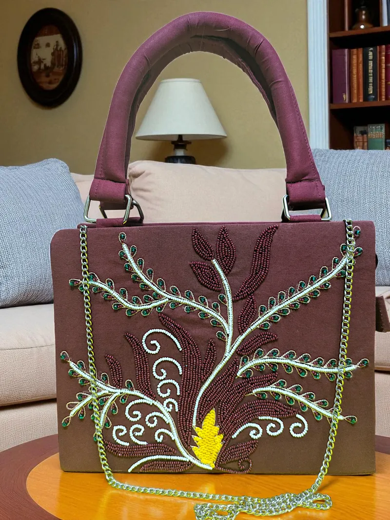 Burgundy Botanical Elegance Embroidered Handbag