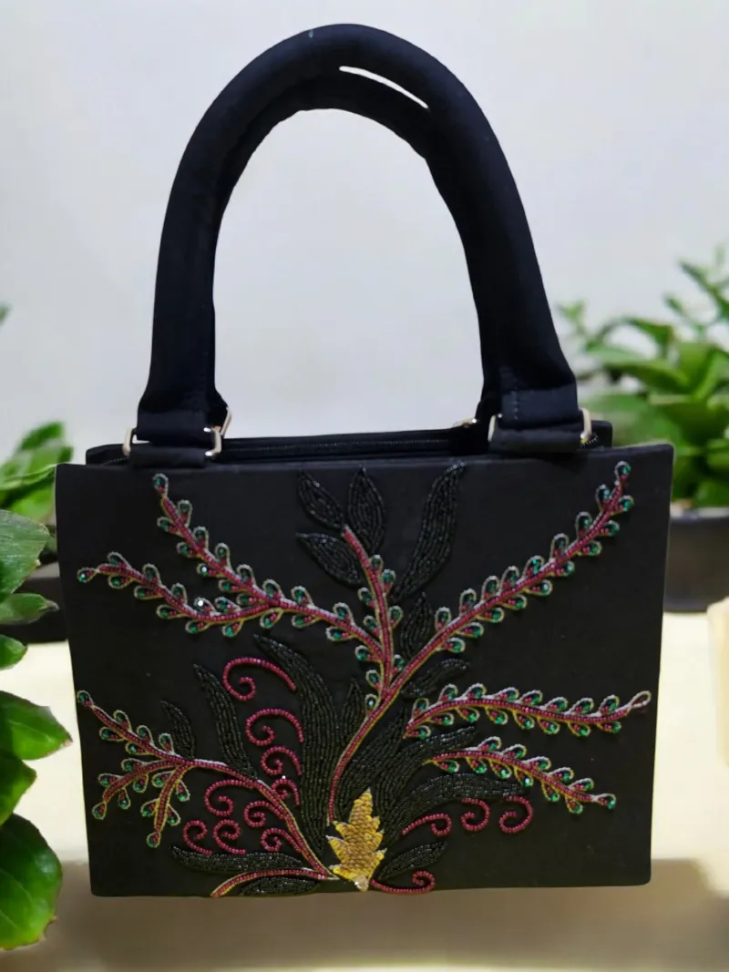 Midnight Blossoms Embroidered Handbag - Artisan Floral Elegance