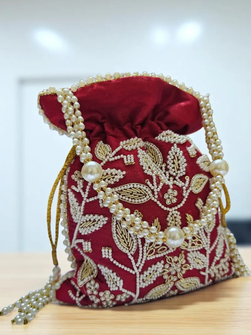 Pearl Enchantment Potli Bag - Luxe Crimson Embroidered Evening Clutch - Pearl potli bag
