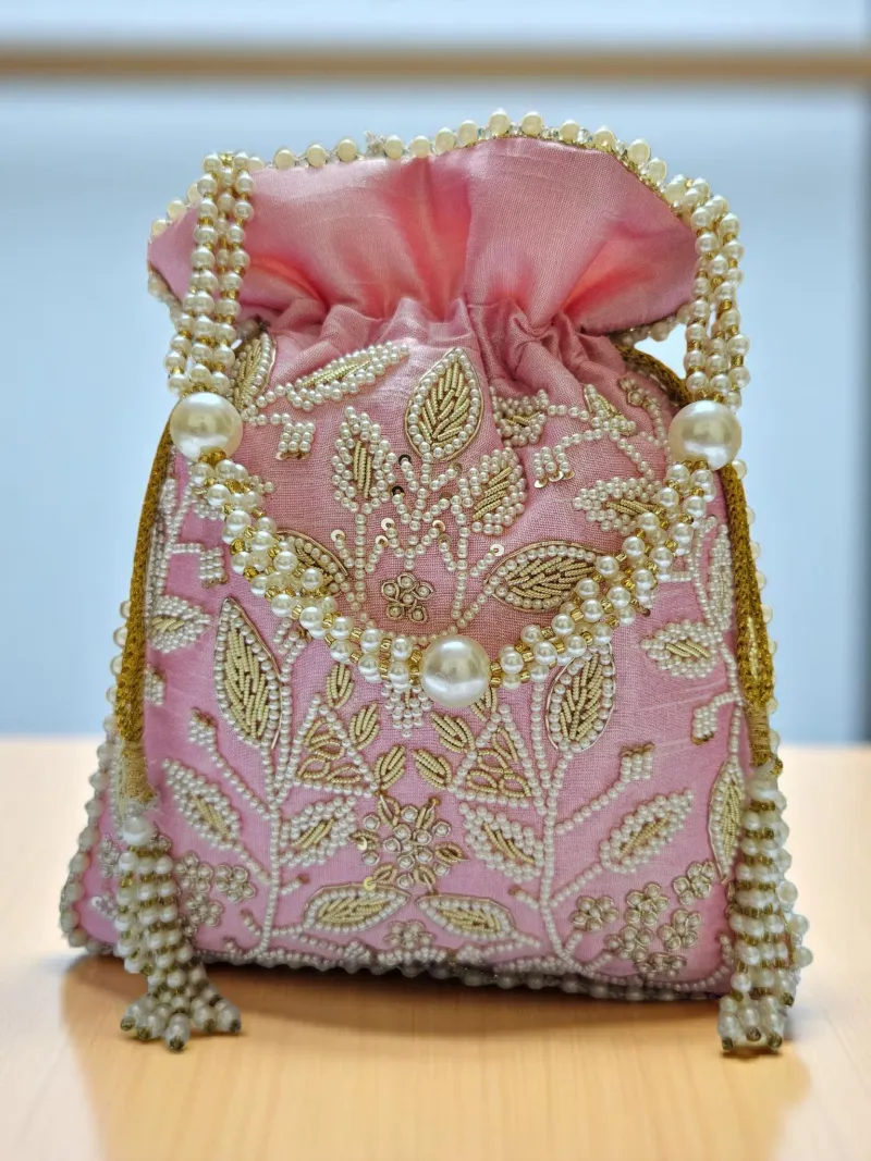 Rose Pink Pearl Elegance Potli Bag - Luxe Beaded Evening Clutch - Pearl potli bag