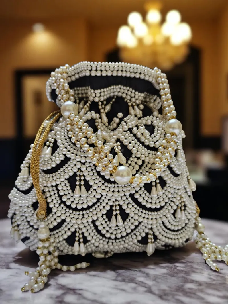 Luxe Pearl Beaded Potli Clutch - Artisan Wedding Handbag - Pearl beaded clutch