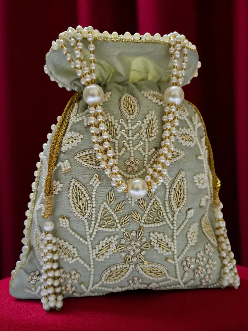 Sage Pearl Embellished Potli Bag - Elegant Handcrafted Evening Accessory - Pearl potli bag