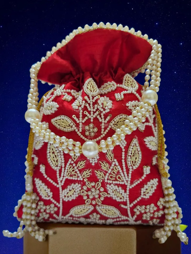 Crimson Pearl Enchantment Potli Bag - Luxe Bridal Accessory - Pearl embroidery potli bag