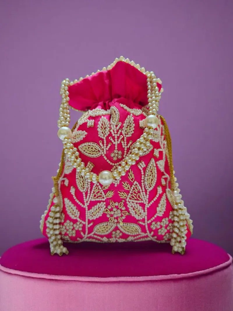 Luxe Pearl Embellished Hot Pink Potli Bag | Bridal Accessory - Pearl potli bag