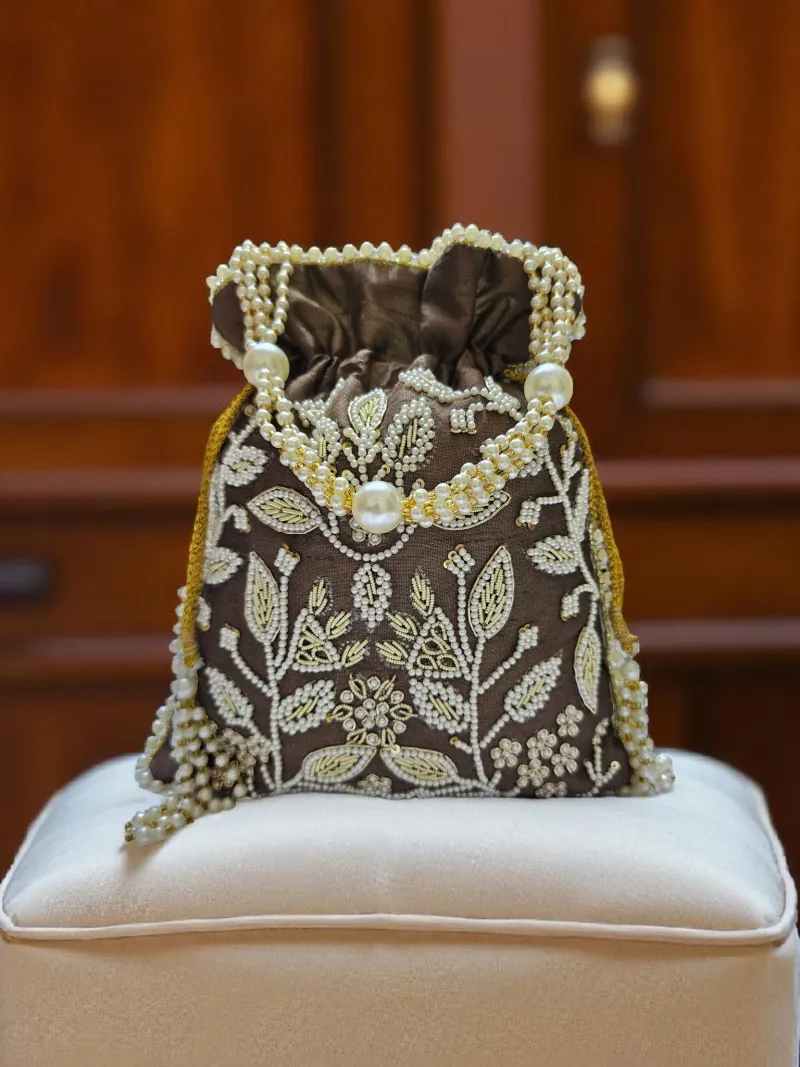 Pearl Elegance Embroidered Potli Bag - Vintage Glamour Accessory - Pearl embroidered potli bag