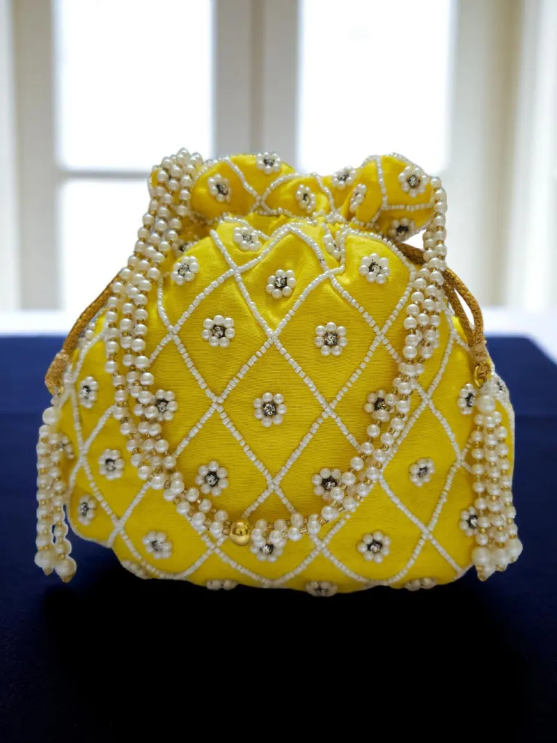 Sunshine Bloom Pearl Potli Bag - Handcrafted Yellow Wedding Clutch