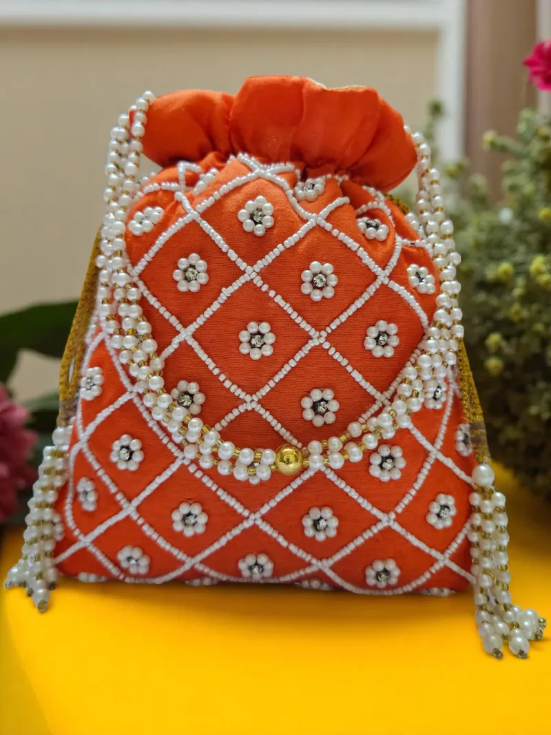 Pearl Blossom Potli Bag - Elegant Handcrafted Orange Beaded Evening Clutch - Pearl potli bag