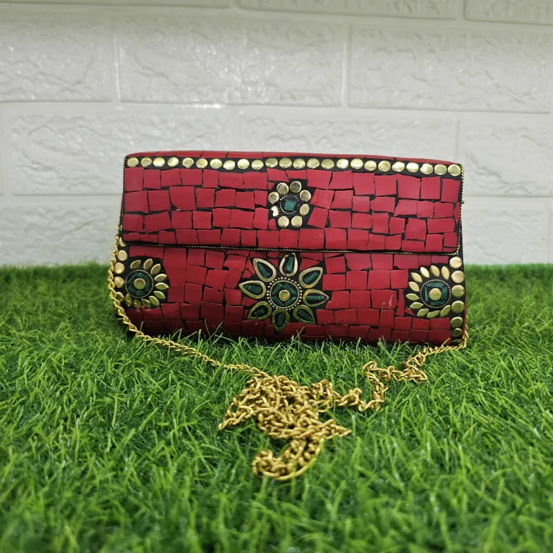 Crimson Mosaic Artisan Clutch - Boho Chic Evening Bag - Mosaic clutch