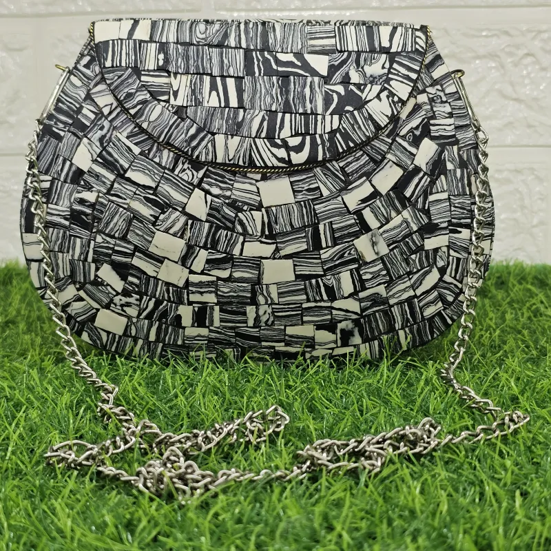 Urban Mosaic Chain Clutch - Monochrome Statement Handbag